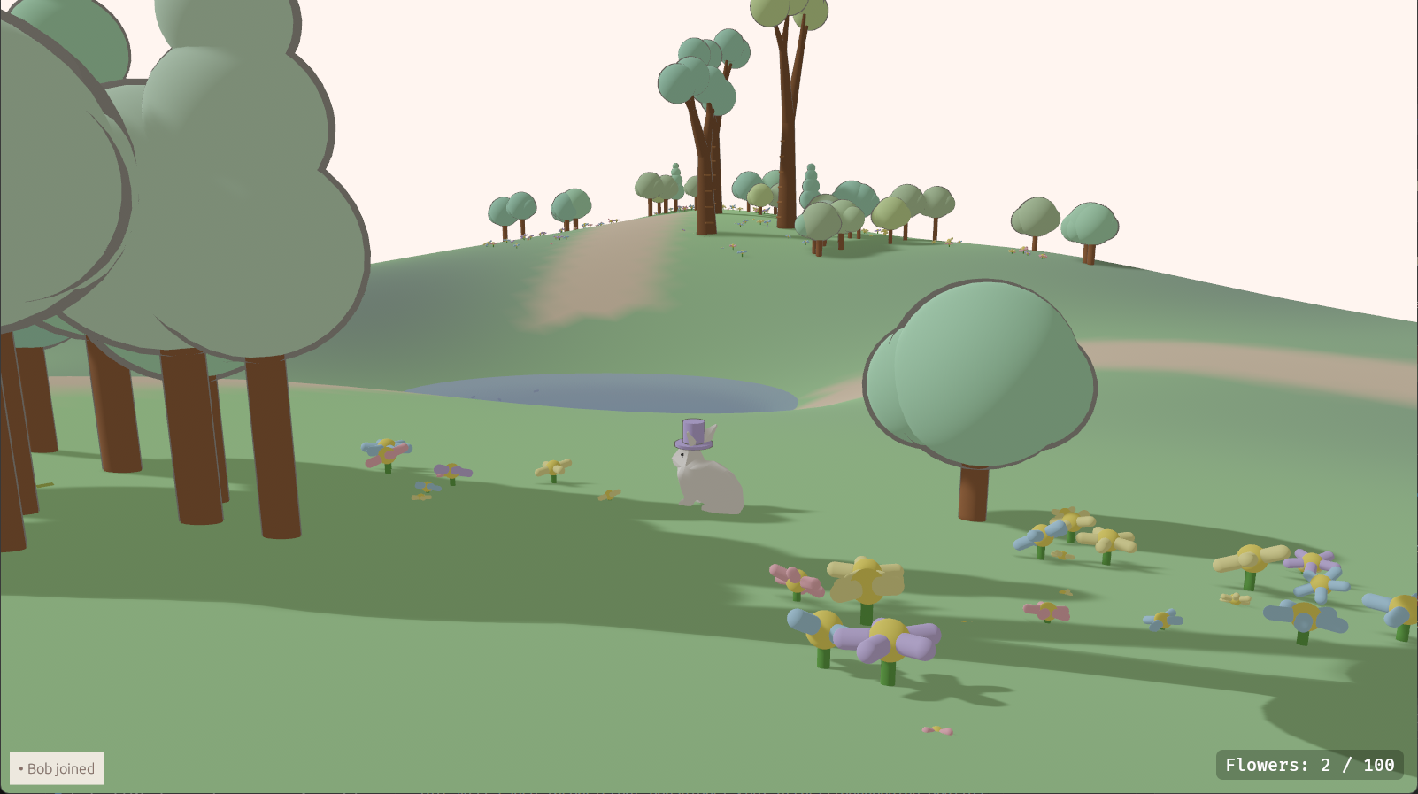 A bunny by the pond with flowers